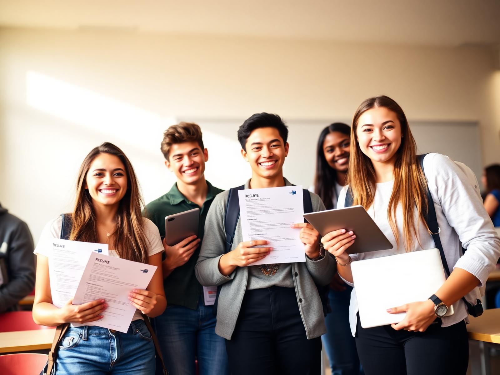 High school students holding their finished resumes